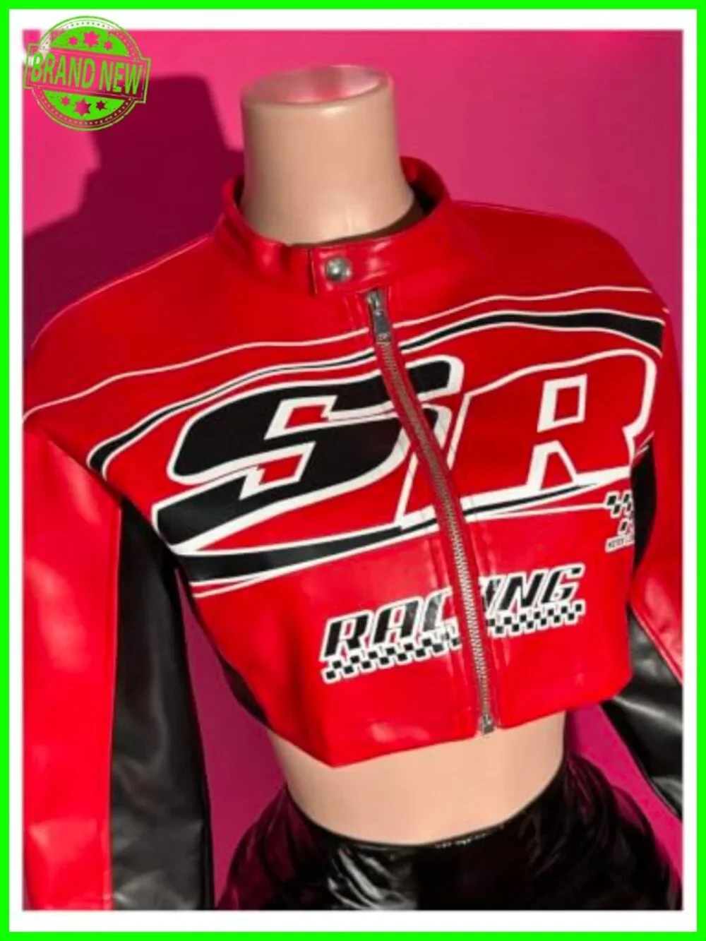 Women's Cropped Motorcycle Jacket Polyester Long Sleeve Button